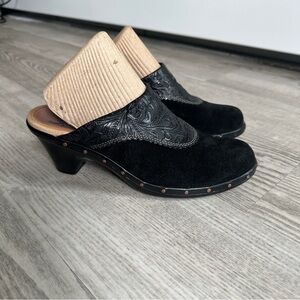 Sofft Black Suede and Leather Etched Studded Heeled Mules 7